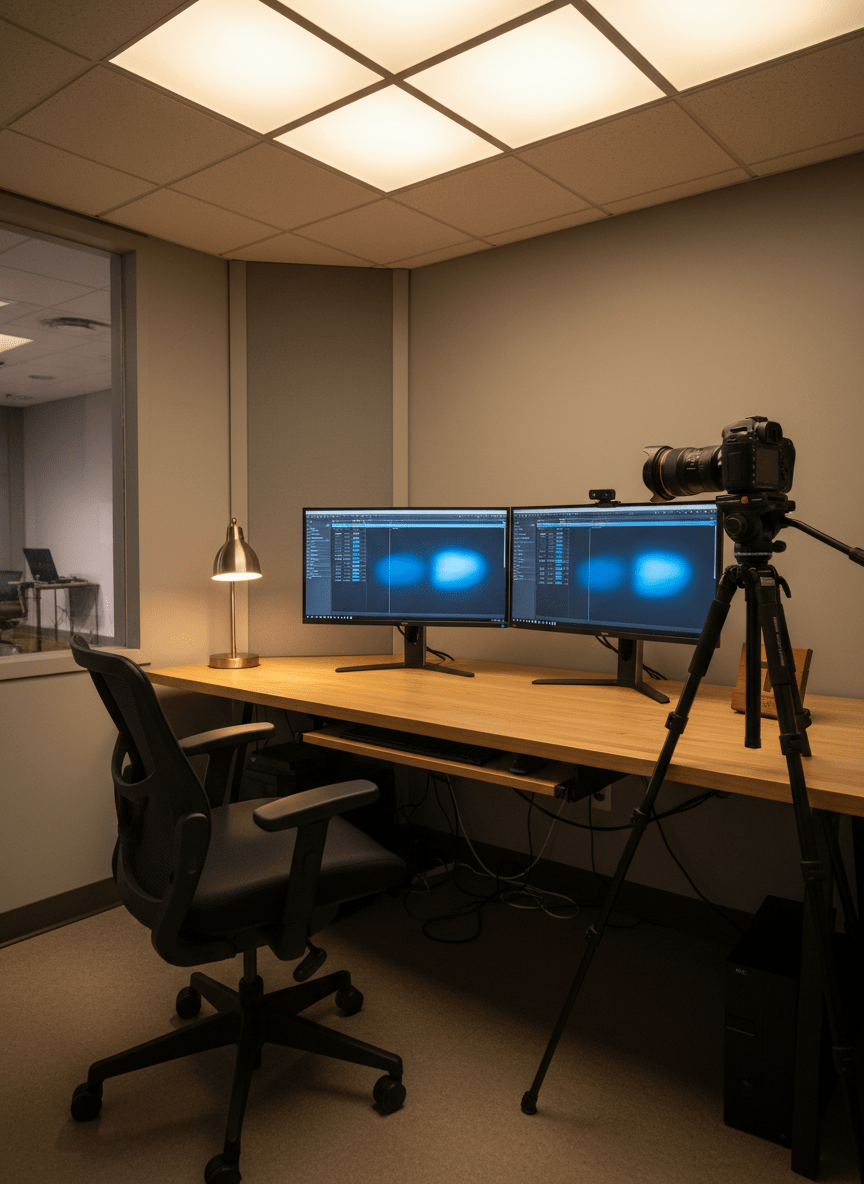 A compact local church media room with an empty ergonomic office chair pushed back from a sleek desk, where two large computer monitors display abstract, out-of-focus video editing timelines and soft blue interface elements with no readable text. A professional DSLR camera on a tripod stands nearby, angled toward an unseen stage. Warm overhead LED panels and a small desk lamp create balanced, neutral lighting with minimal shadows. Shot from a three-quarter angle in photographic realism, the composition follows the rule of thirds, highlighting the tools of local Christian news reporting while maintaining a quiet, focused, and trustworthy atmosphere ideal for behind-the-scenes feature imagery.