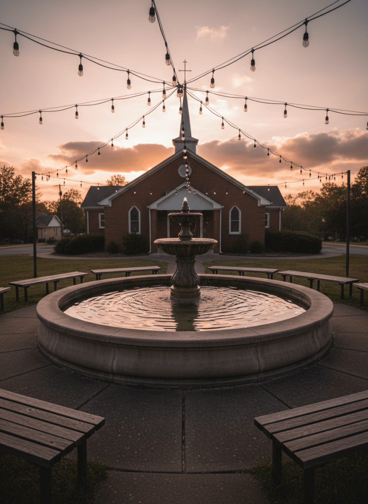 An outdoor church courtyard at golden hour, centered on a circular stone fountain filled with gently rippling water that reflects the warm evening sky. Around the fountain, empty wooden benches curve invitingly, and in the background a modest brick church with a subtle metal cross atop its roof stands against soft clouds. Decorative string lights are strung overhead, unlit but catching the last sunlight. Photographic realism from a slightly elevated angle with moderate depth of field keeps the fountain crisp while the church softens behind it. The mood is welcoming and communal, suggesting a setting for local Christian events and gatherings without showing people directly.